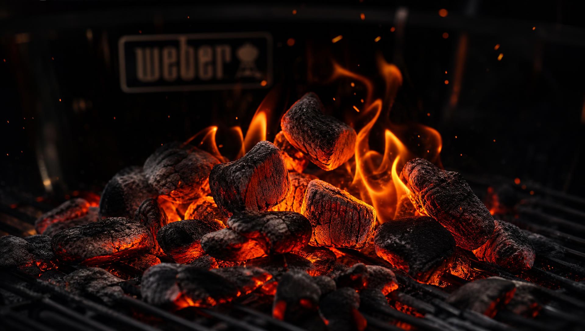 Glühende Kohle und Flammen in einem Weber Grill
